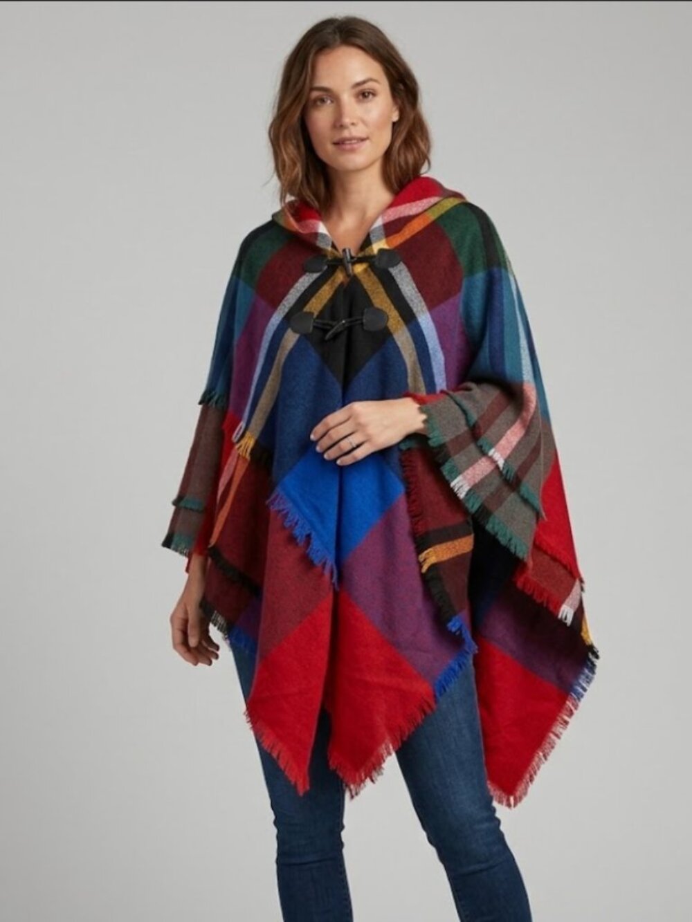 NWT Plaid Button Front Kimono Poncho Scarf Carfigan